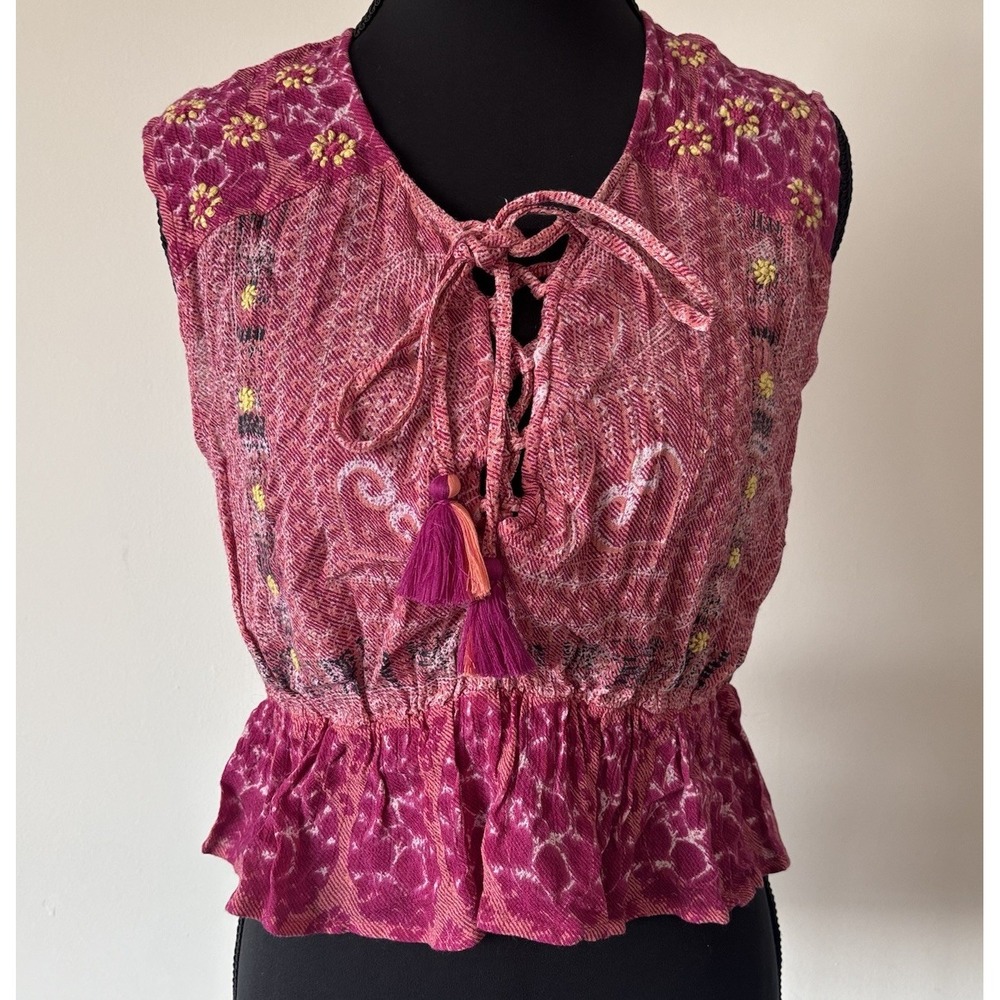 Raga Floral Embroidered Peasant Boho Western Chic Peplum Crop Blouse M Top NEW